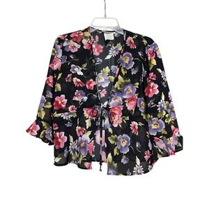 Miss Dorby Petite Black Floral Sheer Babydoll Cardigan Top 14P Y2K Fairy